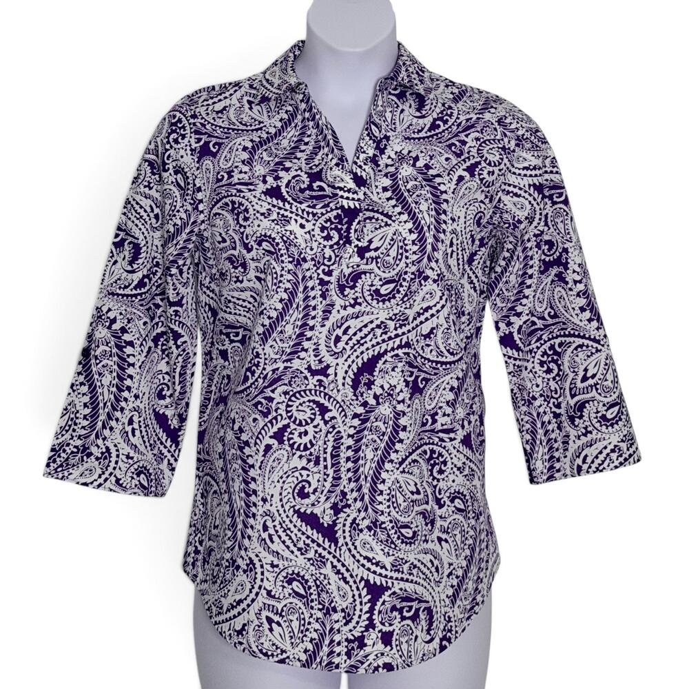 Chico's Tyanna Tunic Shirt Sz 1 Medium Purple Paisley Cotton 3/4 Sleeve